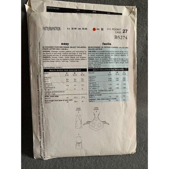 Butterick Misses Aprons Sewing Pattern B5274 sz Sm-Lg- uncut - Picture 4 of 9